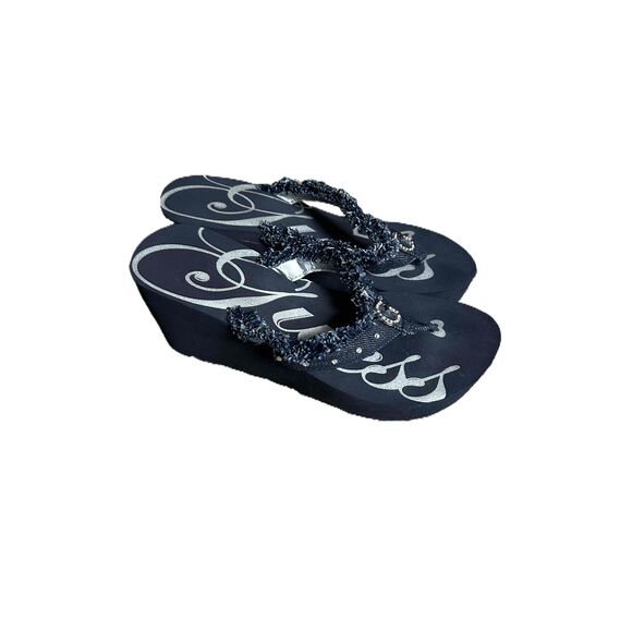 Guess Black Jeweled Straps Rhinestone Wedge Flip Flop Sandals Size 7 - Picture 2 of 3